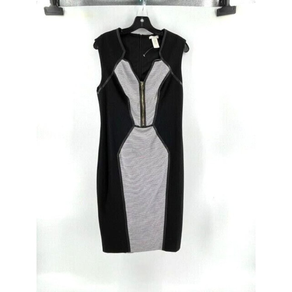 Cache' Women's Black Striped Zipper Faux Leather Bodycon Party Dress Size 8